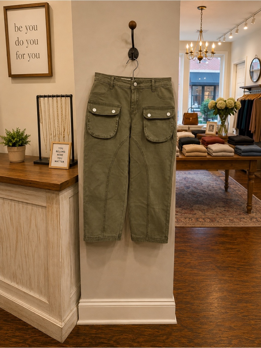 Flamingals Green Wide Leg Utility Pants Size Large Soft Cotton Stretch Cropped